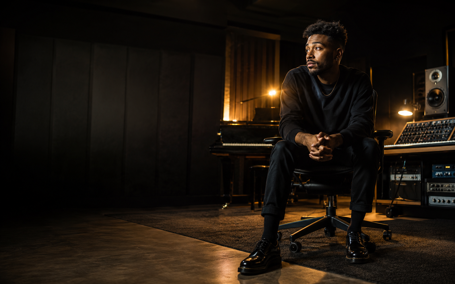 Independent artist performing in a cinematic studio